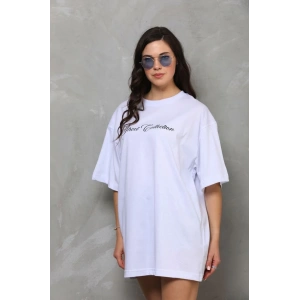 Unisex Bisiklet Yaka Baskılı Oversize T-Shirt - Beyaz