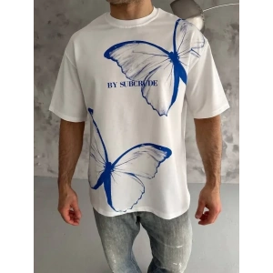 Unisex Bisiklet Yaka Baskılı Oversize T-Shirt - Beyaz