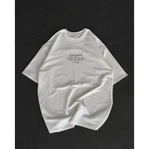 Unisex Bisiklet Yaka Baskılı Oversize T-Shirt - Beyaz