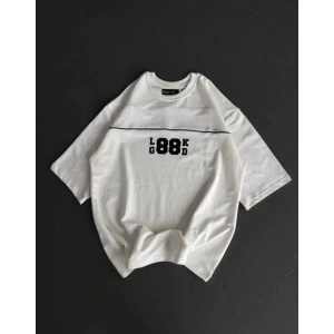 Unisex Bisiklet Yaka Baskılı Oversize T-Shirt - Beyaz