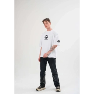 Unisex Bisiklet Yaka Baskılı Oversize T-Shirt - Beyaz