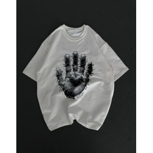 Unisex Bisiklet Yaka Baskılı Oversize T-Shirt - Beyaz