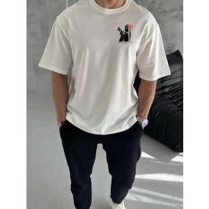 Unisex Bisiklet Yaka Baskılı Oversize T-Shirt - Beyaz