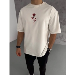 Unisex Bisiklet Yaka Baskılı Oversize T-Shirt - Beyaz