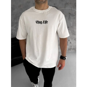 Unisex Bisiklet Yaka Baskılı Oversize T-Shirt - Beyaz