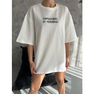 Unisex Bisiklet Yaka Baskılı Oversize T-Shirt - Beyaz