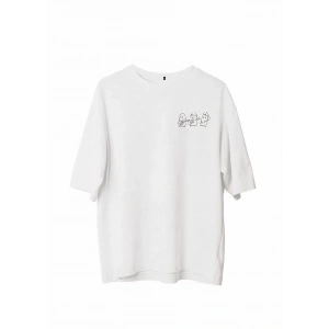Unisex Bisiklet Yaka Baskılı Oversize T-Shirt - Beyaz