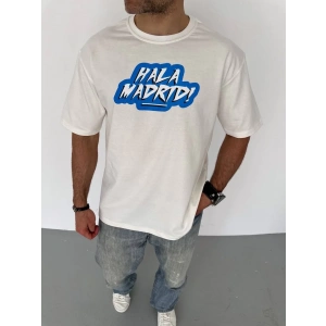 Unisex Bisiklet Yaka Baskılı Oversize T-Shirt - Beyaz