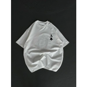 Unisex Bisiklet Yaka Baskılı Oversize T-Shirt - Beyaz