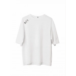 Unisex Bisiklet Yaka Baskılı Oversize T-Shirt - Beyaz