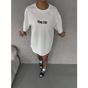 Unisex Bisiklet Yaka Baskılı Oversize T-Shirt - Beyaz