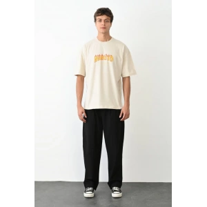 Unisex Bisiklet Yaka Baskılı Oversize T-Shirt - Beyaz