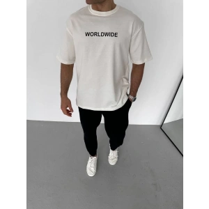 Unisex Bisiklet Yaka Baskılı Oversize T-Shirt - Beyaz