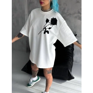 Unisex Bisiklet Yaka Baskılı Oversize T-Shirt - Beyaz