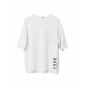 Unisex Bisiklet Yaka Baskılı Oversize T-Shirt - Beyaz