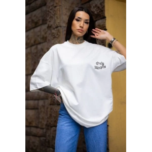 Unisex Bisiklet Yaka Baskılı Oversize T-Shirt - Beyaz