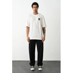 Unisex Bisiklet Yaka Baskılı Oversize T-Shirt - Beyaz