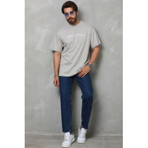 Unisex Bisiklet Yaka Baskılı Oversize T-Shirt - Gri