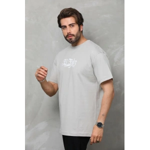 Unisex Bisiklet Yaka Baskılı Oversize T-Shirt - Gri