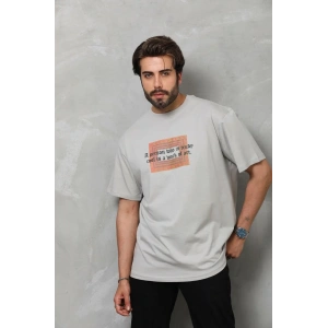 Unisex Bisiklet Yaka Baskılı Oversize T-Shirt - Gri