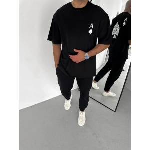 Unisex Bisiklet Yaka Baskılı Oversize T-Shirt - Siyah