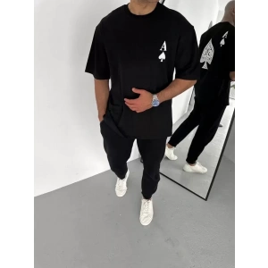 Unisex Bisiklet Yaka Baskılı Oversize T-Shirt - Siyah