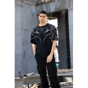 Unisex Bisiklet Yaka Baskılı Oversize T-Shirt - Siyah