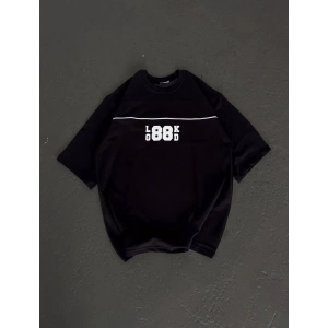 Unisex Bisiklet Yaka Baskılı Oversize T-Shirt - Siyah