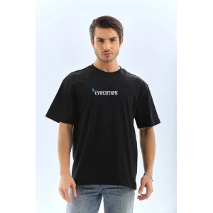 Unisex Bisiklet Yaka Baskılı Oversize T-Shirt - Siyah