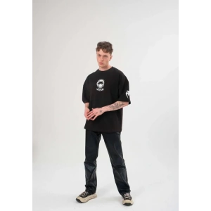 Unisex Bisiklet Yaka Baskılı Oversize T-Shirt - Siyah