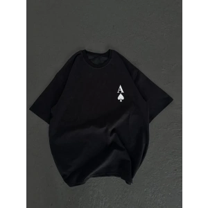 Unisex Bisiklet Yaka Baskılı Oversize T-Shirt - Siyah