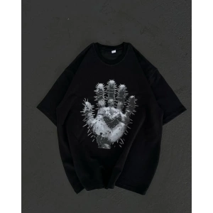 Unisex Bisiklet Yaka Baskılı Oversize T-Shirt - Siyah