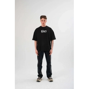 Unisex Bisiklet Yaka Baskılı Oversize T-Shirt - Siyah