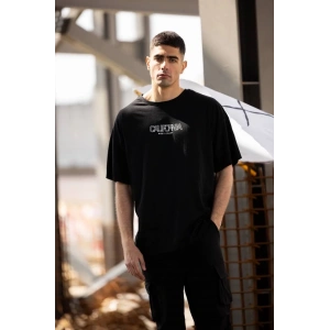 Unisex Bisiklet Yaka Baskılı Oversize T-Shirt - Siyah