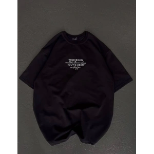 Unisex Bisiklet Yaka Baskılı Oversize T-Shirt - Siyah