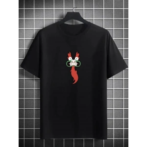 Unisex Bisiklet Yaka Baskılı Oversize T-Shirt - Siyah