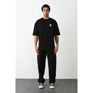 Unisex Bisiklet Yaka Baskılı Oversize T-Shirt - Siyah