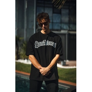 Unisex Bisiklet Yaka Baskılı Oversize T-Shirt - Siyah