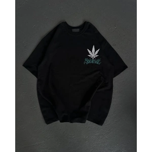 Unisex Bisiklet Yaka Baskılı Oversize T-Shirt - Siyah