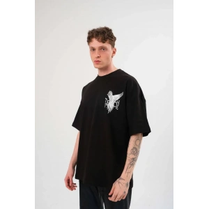 Unisex Bisiklet Yaka Baskılı Oversize T-Shirt - Siyah