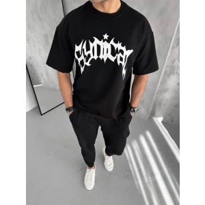 Unisex Bisiklet Yaka Baskılı Oversize T-Shirt - Siyah