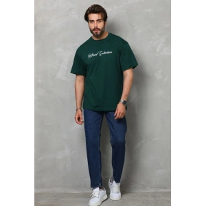 Unisex Bisiklet Yaka Baskılı Oversize T-Shirt - Yeşil