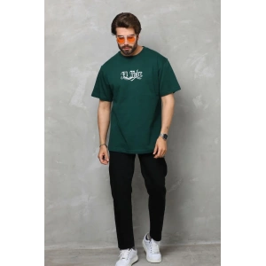 Unisex Bisiklet Yaka Baskılı Oversize T-Shirt - Yeşil