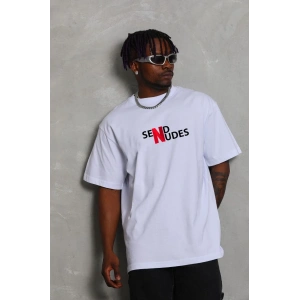 Unisex Bisiklet Yaka Double Oversize Baskılı T-Shirt - Beyaz