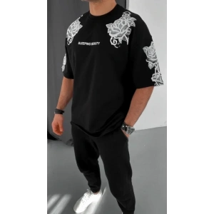 Unisex Flok Kabartma Baskılı T-Shirt - Siyah