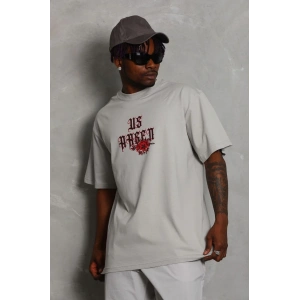 Unisex Oversize Baskılı Bisiklet Yaka T-Shirt - Gri