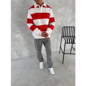 Unisex Üç İplik Parçalı Yakalı SweatShirt - Kırmızı