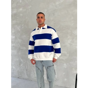 Unisex Üç İplik Parçalı Yakalı SweatShirt - Mavi