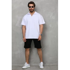 Unisex Yarım Fermuarlı Düz Oversize T-shirt - Beyaz