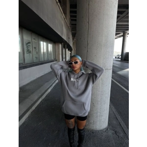 Uzun Kol Kapüşonlu Göğüs Baskılı SweatShirt - Gri